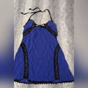 Cobalt Blue Lace Slip Dress with Black Trim